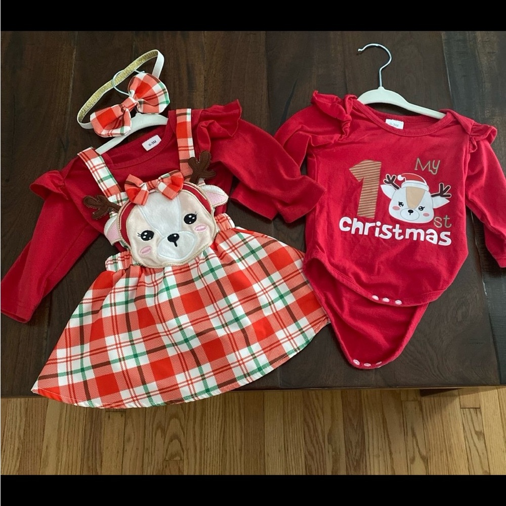 Festive Red and White Reindeer Dress  Set for Kids